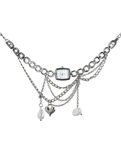Cyberpunk Baroque Silver Watch Necklace, Y2K Metal Gothic, Chunky Layered Chain Necklace, Unique and Personalized Accessories