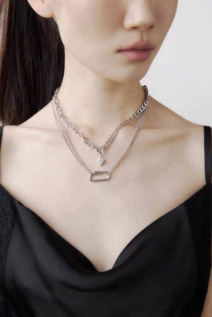 Silver Layered Choker Necklace Aesthetic Punk Jewelry Pendant Chunky Chain for Women Men