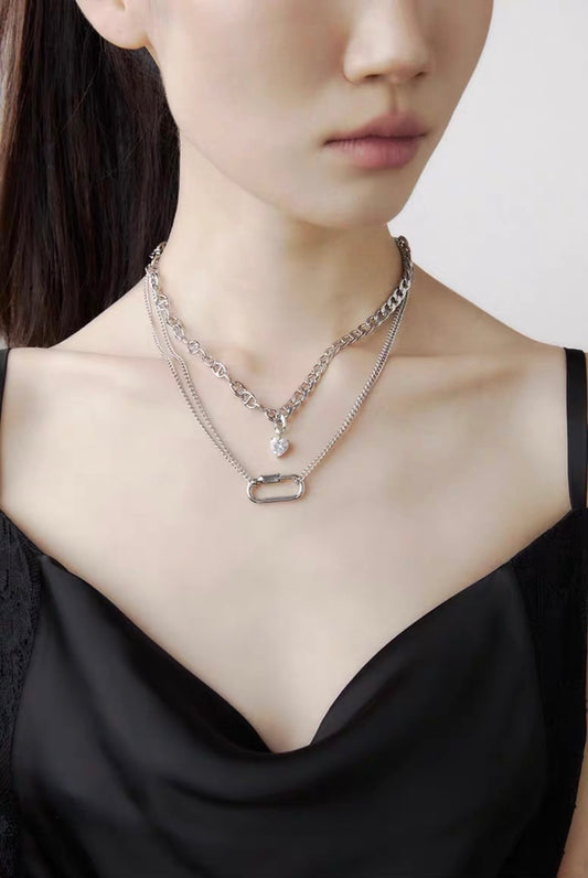 Silver Layered Choker Necklace Aesthetic Punk Jewelry Pendant Chunky Chain for Women Men