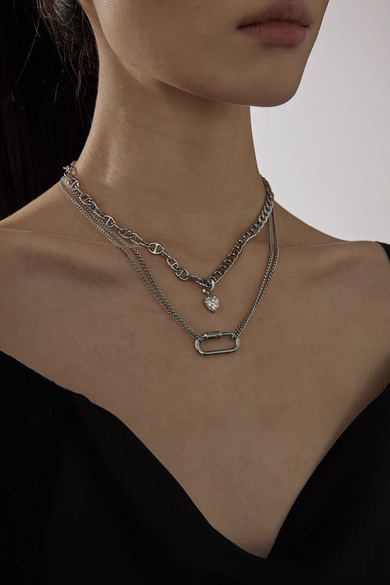 Silver Layered Choker Necklace Aesthetic Punk Jewelry Pendant Chunky Chain for Women Men