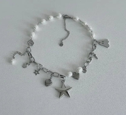Vintagepunk Star Pendant Silver Choker with Heart and Pearl Embellishments,Y2K Choker，Special Gift
