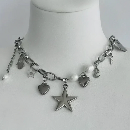 Vintagepunk Star Pendant Silver Choker with Heart and Pearl Embellishments,Y2K Choker，Special Gift
