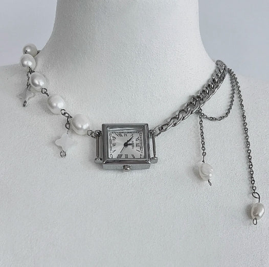 Vintagepunk  silver watch chunky chain choker with pearl decorations，Y2KChoker，Unisex Necklace