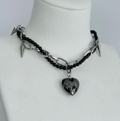 Cyberpunk black heart pendant choker，obsidian choker，double layered choker，spike element，Y2Kchoker
