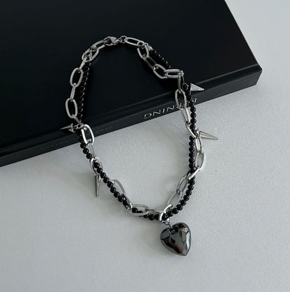 Cyberpunk black heart pendant choker，obsidian choker，double layered choker，spike element，Y2Kchoker
