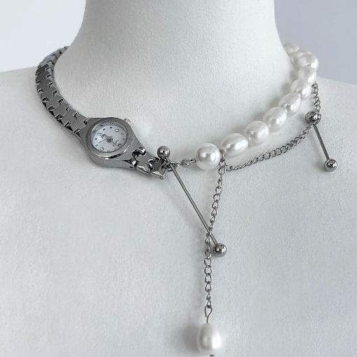 Vintagepunk silver watch chunky chain choker，Pearl decoration stacked choker，Y2Kchoker，A perfect and special gift