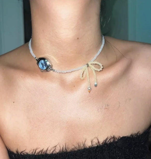 Vintagepunk Blue Watch and Bow Choker，Beaded Choker，Y2Kchoker，A Special and Perfect Gift