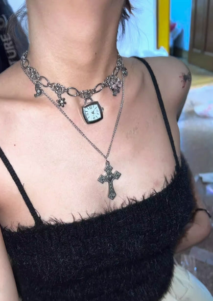 Vintage punk silver watch chunky chain choker with a cross pendant necklace，Double layered necklace，Y2Kchoker，