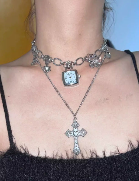 Vintage punk silver watch chunky chain choker with a cross pendant necklace，Double layered necklace，Y2Kchoker，