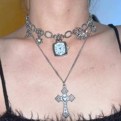 Vintage punk silver watch chunky chain choker with a cross pendant necklace，Double layered necklace，Y2Kchoker，