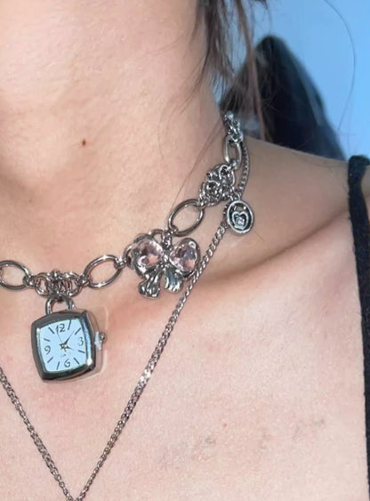 Vintage punk silver watch chunky chain choker with a cross pendant necklace，Double layered necklace，Y2Kchoker，