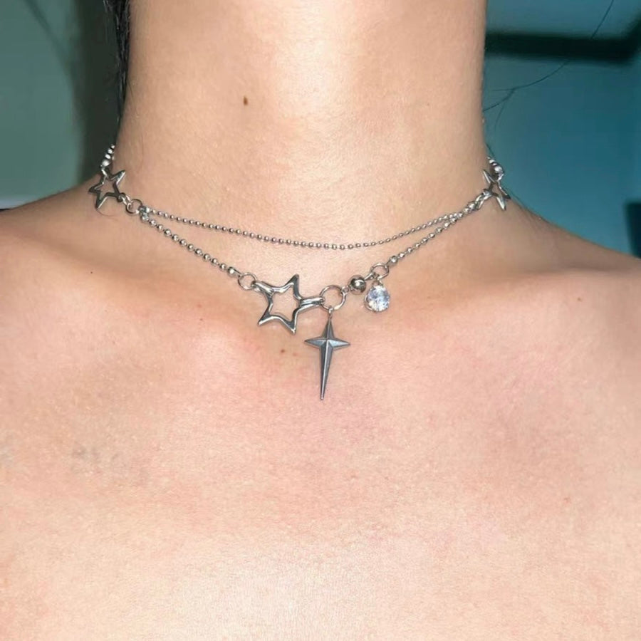 Double Layered Stacked Chunky Choker Necklace Y2k Star Statement Silver Punk Chain