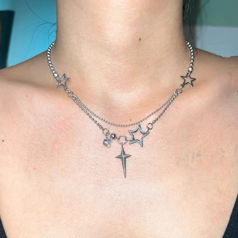 Double Layered Stacked Chunky Choker Necklace Y2k Star Statement Silver Punk Chain