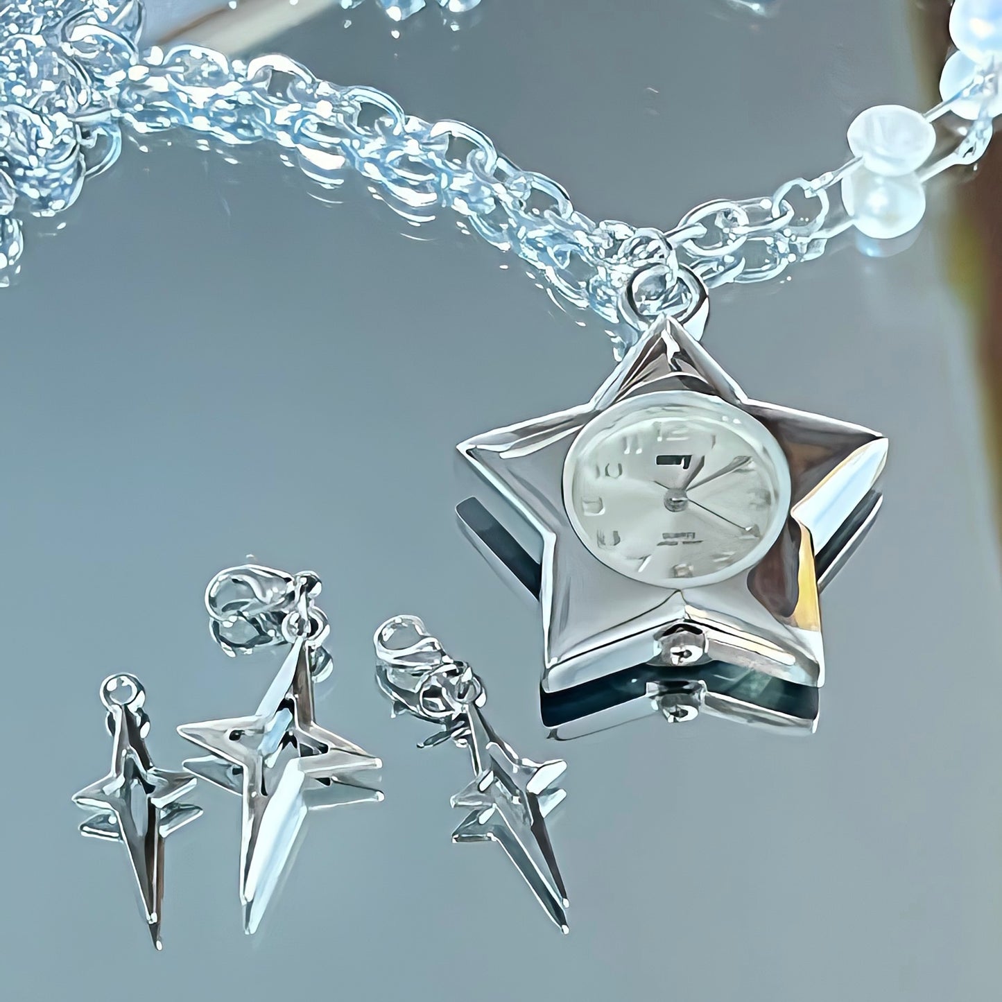 Y2k Star Watch Choker Niche Chunky Punk Double Layered Cross Necklace Silver Chain Jewelry