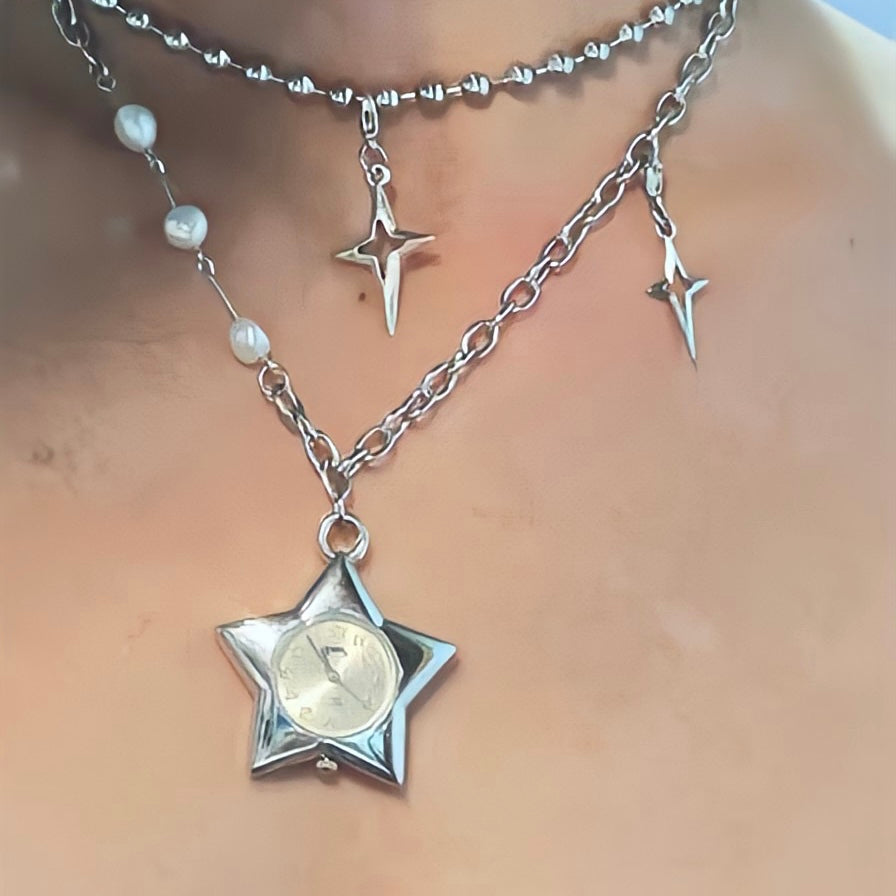 Y2k Star Watch Choker Niche Chunky Punk Double Layered Cross Necklace Silver Chain Jewelry