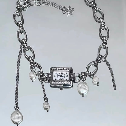 Hand Made Vintage Elegant Silver Watch Choker Necklace，Fringe Freshwater Pearl  Pendant，Chunky Chain necklace，Y2K Niche Choker，Gift for her