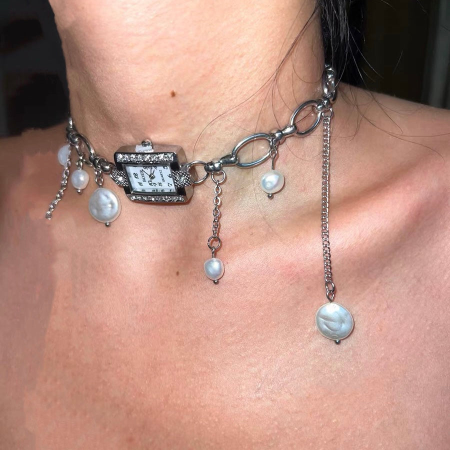 Hand Made Vintage Elegant Silver Watch Choker Necklace，Fringe Freshwater Pearl  Pendant，Chunky Chain necklace，Y2K Niche Choker，Gift for her