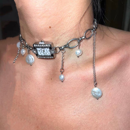 Hand Made Vintage Elegant Silver Watch Choker Necklace，Fringe Freshwater Pearl  Pendant，Chunky Chain necklace，Y2K Niche Choker，Gift for her