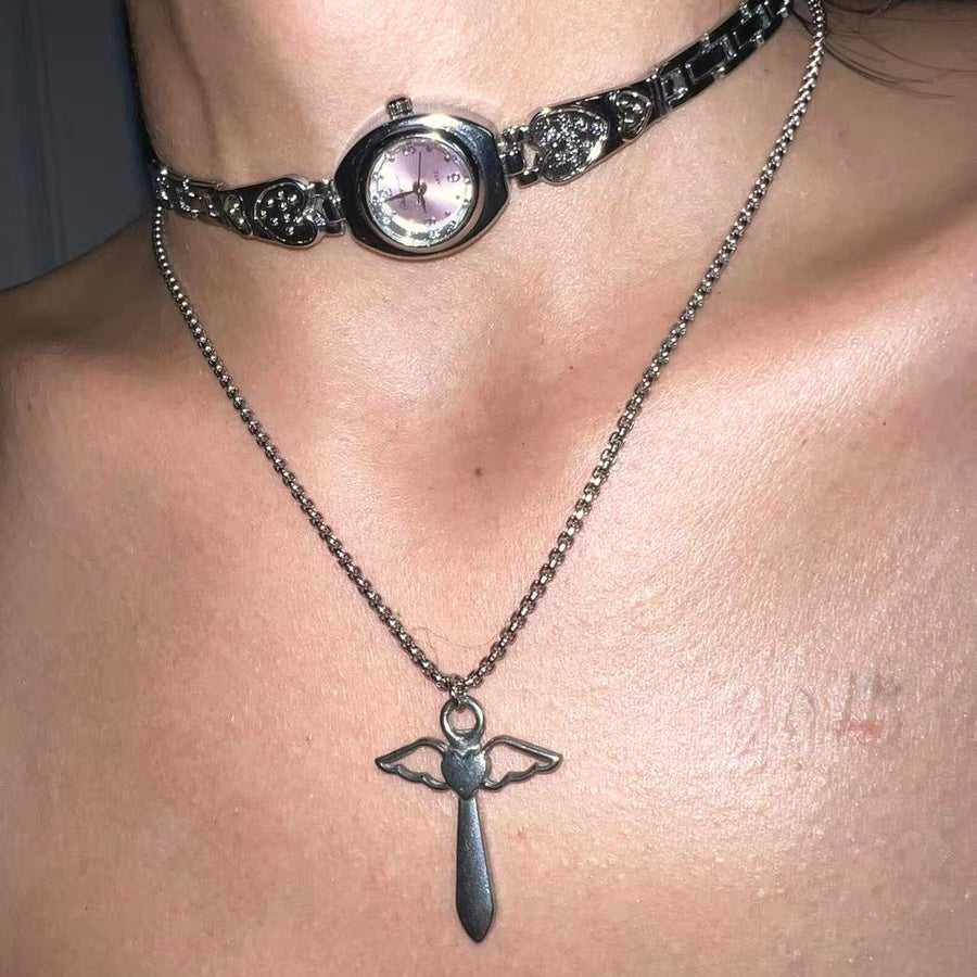 Vintage Guardian Angel Wings Pink Watch Choker Necklace, Gothic Pendant, Silver Chunky Chain  Layered Necklace, Cyberpunk Unisex Necklace.