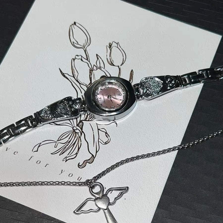 Vintage Guardian Angel Wings Pink Watch Choker Necklace, Gothic Pendant, Silver Chunky Chain  Layered Necklace, Cyberpunk Unisex Necklace.
