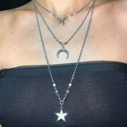 Moon Star Bownot Choker Dainty Pendant Trendy Layered Necklace Silver Chain for Women