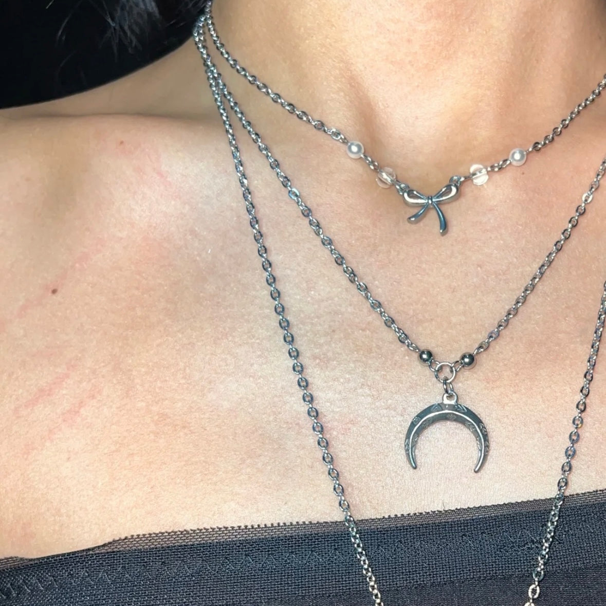 Moon Star Bownot Choker Dainty Pendant Trendy Layered Necklace Silver Chain for Women