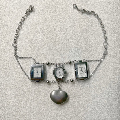 Vintage Punk Silver Chunky Watch Choker Necklace, 3 Watches Choker with Heart pendant, Y2K Necklace, Cool Trendy Choker for Man and Woman.