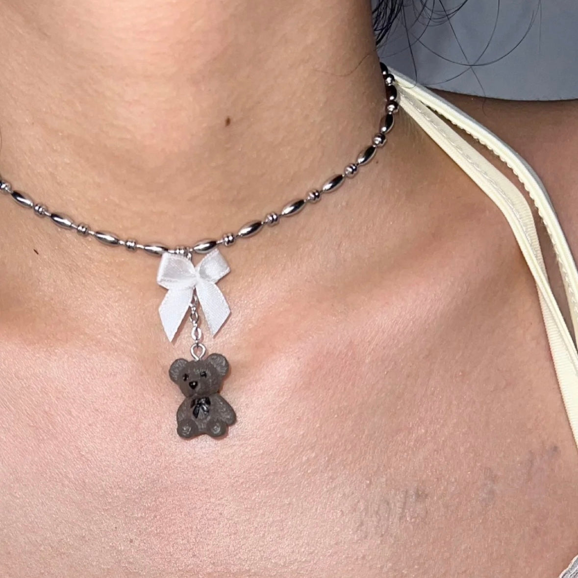 Cute Lovely Adorable Teddy Bear with White Bownot Necklace Chain for Women Teens Girls