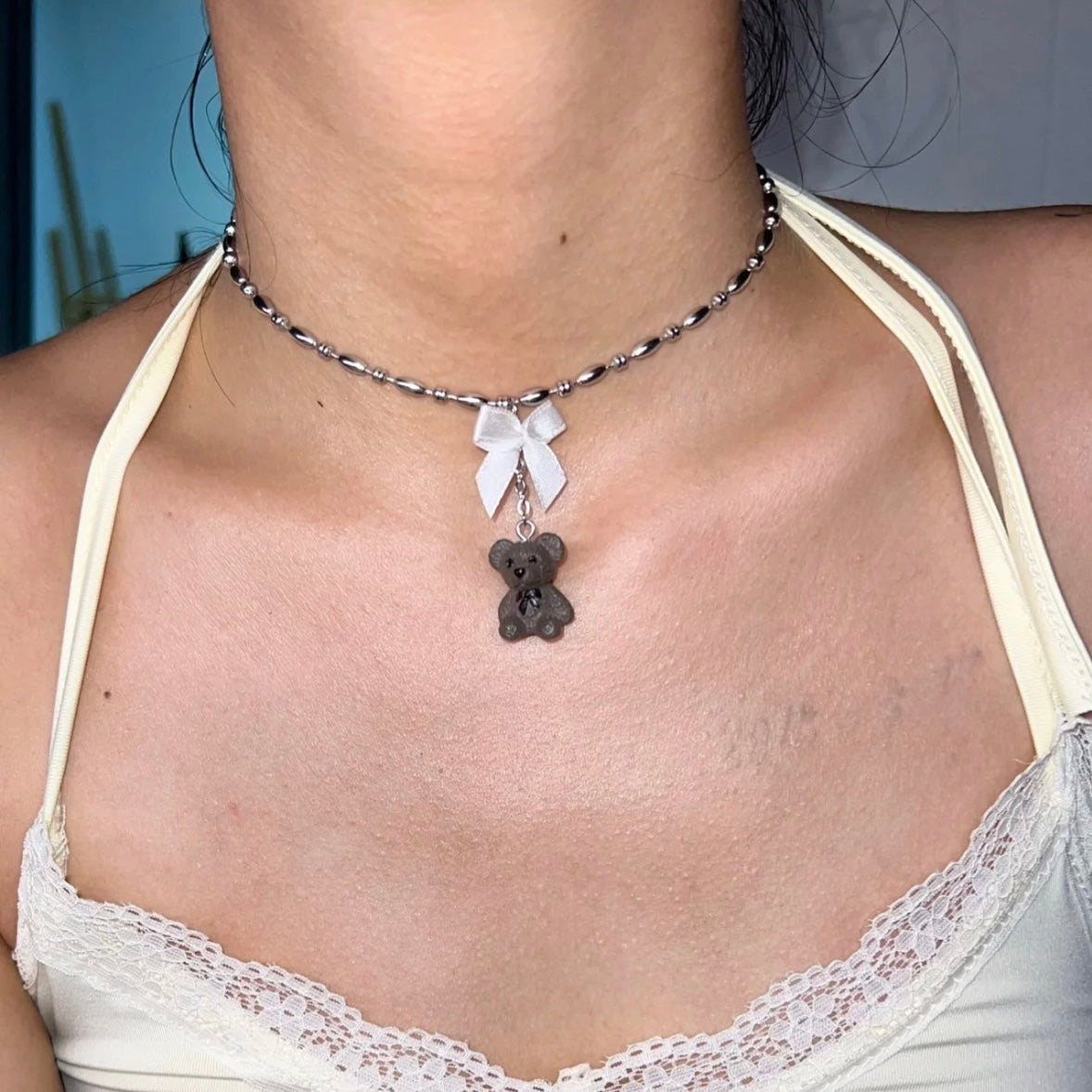 Cute Lovely Adorable Teddy Bear with White Bownot Necklace Chain for Women Teens Girls