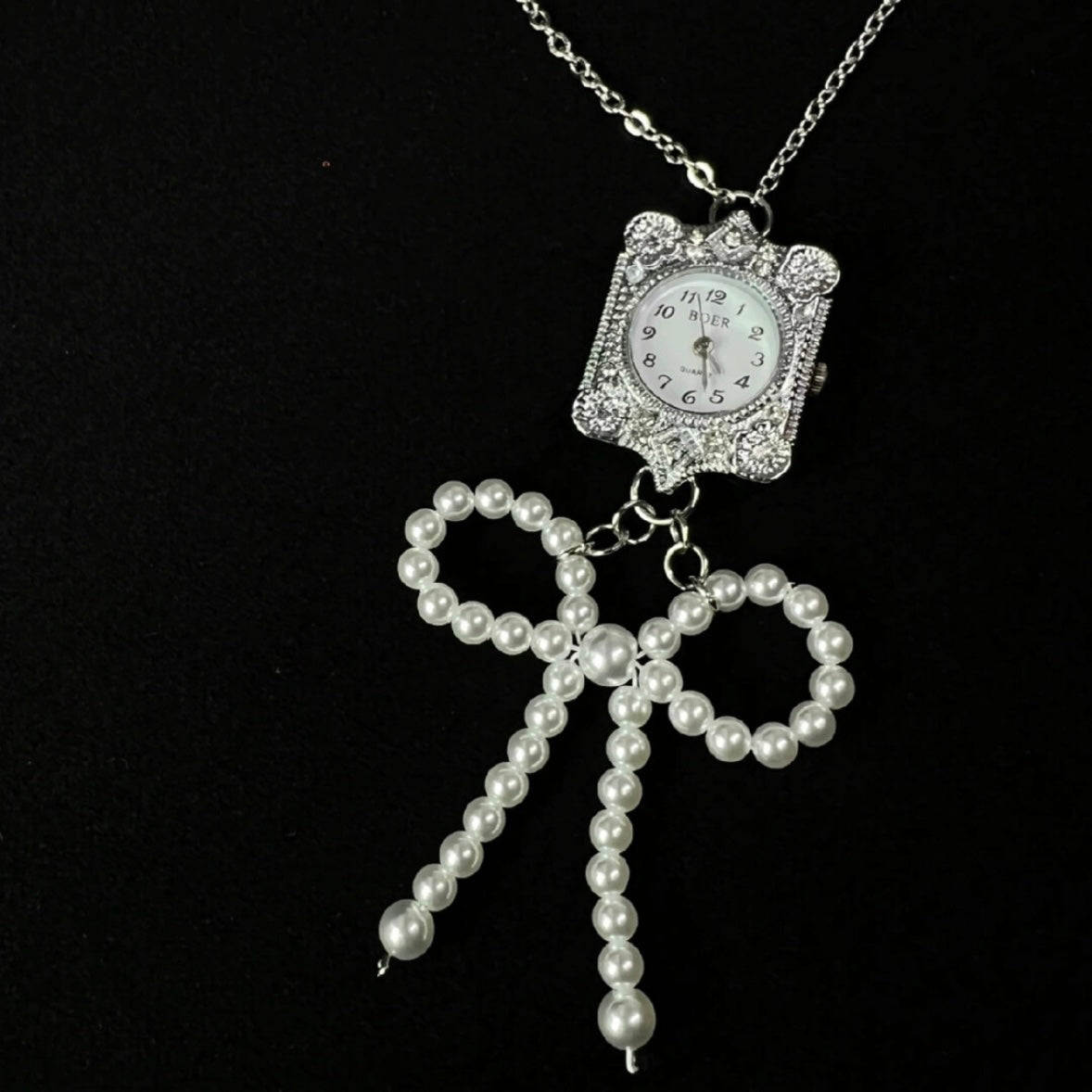 Pearl Bownot Watch Choker Niche Punk Chunky Pendant Necklace Silver Chain Vintage Jewelry