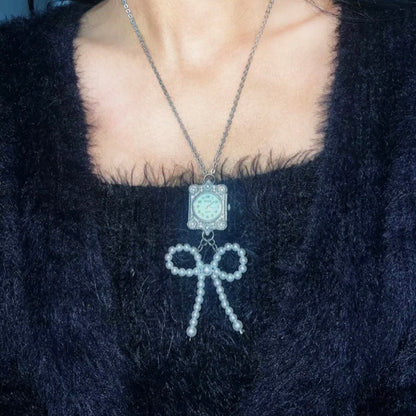 Pearl Bownot Watch Choker Niche Punk Chunky Pendant Necklace Silver Chain Vintage Jewelry