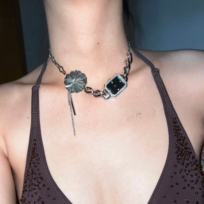 Flower Floral Watch Choker Y2K Niche Chunky Punk Necklace Silver Chain Vintage Jewelry