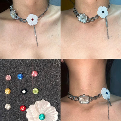 Handmade Vintage Punk White Flower Pedal  Watch Choker Necklace,Y2K necklace, Niche Chunky Silver Chain Necklace, Perfect Gift for her