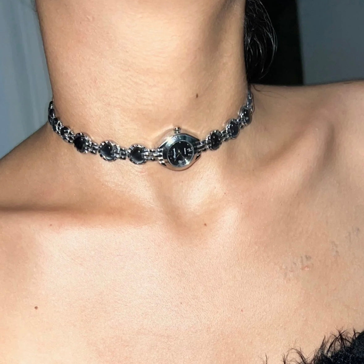 Niche Punk Chunky Y2K Watch Choker Trendy Cool Fashion Necklace Heart Shape Silver Chain