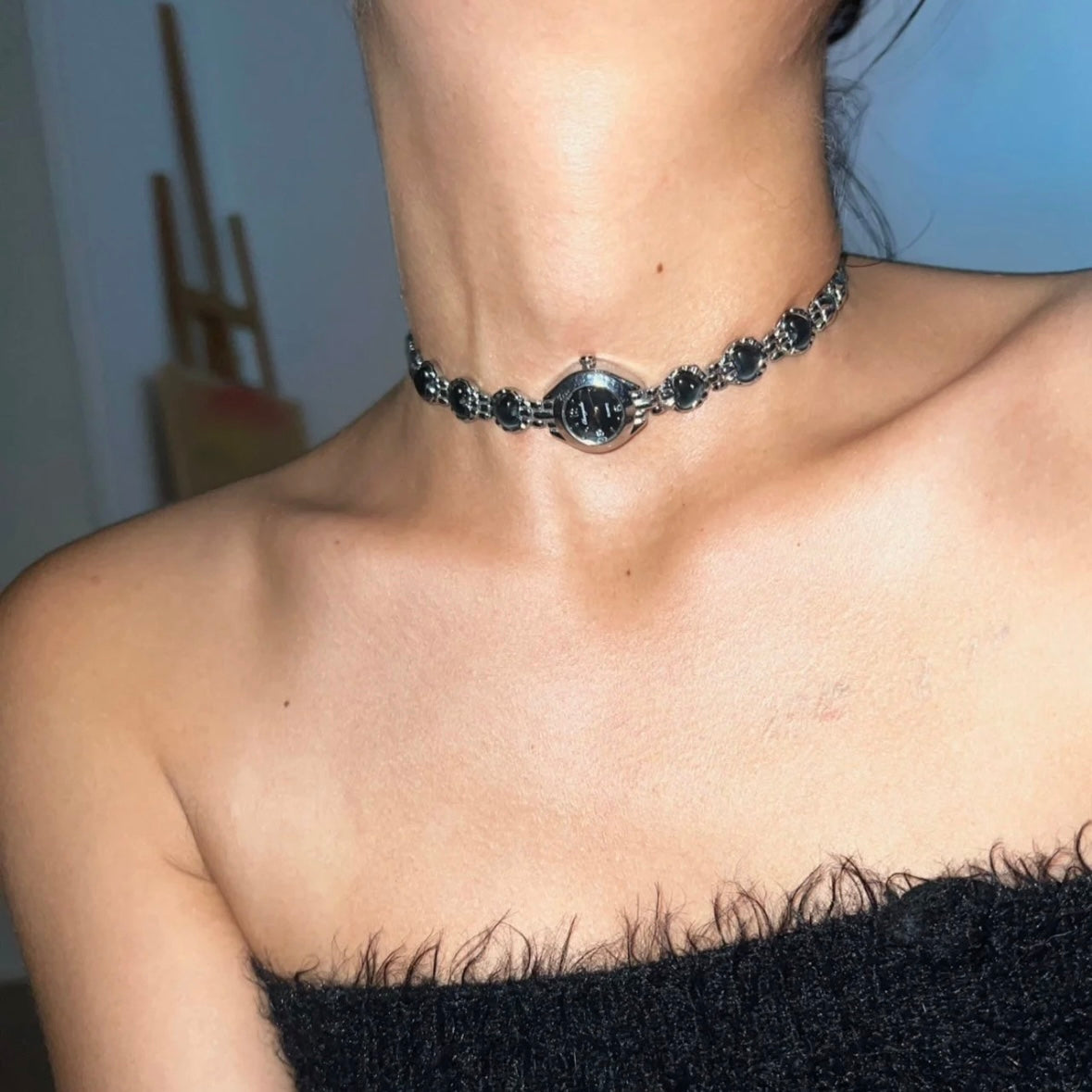 Niche Punk Chunky Y2K Watch Choker Trendy Cool Fashion Necklace Heart Shape Silver Chain
