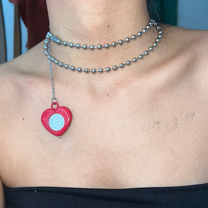 Chunky Puffy Red Heart Shape Watch Choker Cute Niche Punk Adjustable Necklace Long Silver Chain