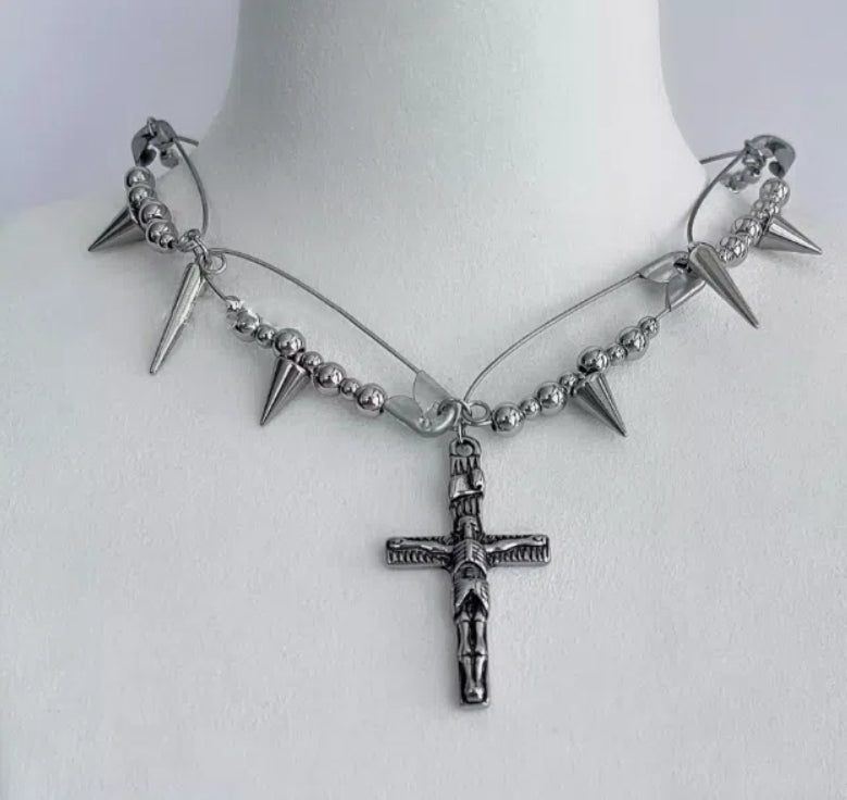 cyberbunk choker, silver Cross pendant necklace with spiked elements,Y2Kchoker,Jesus Pendant,Punk Style,unisex choker,perfect gift