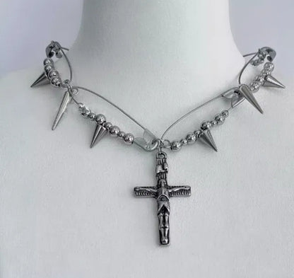 cyberbunk choker, silver Cross pendant necklace with spiked elements,Y2Kchoker,Jesus Pendant,Punk Style,unisex choker,perfect gift