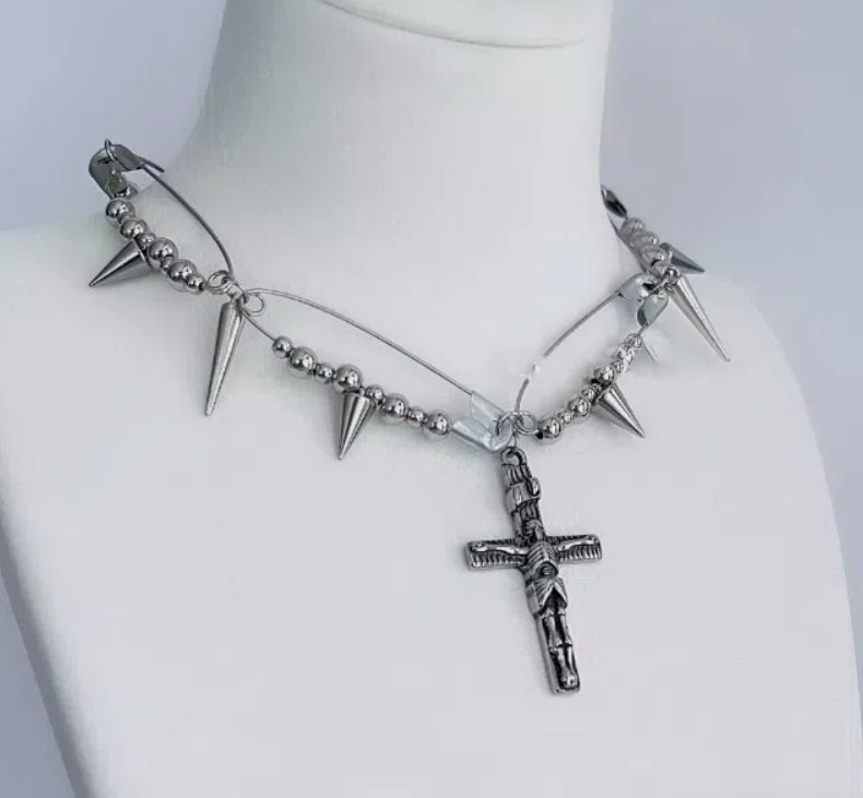 cyberbunk choker, silver Cross pendant necklace with spiked elements,Y2Kchoker,Jesus Pendant,Punk Style,unisex choker,perfect gift