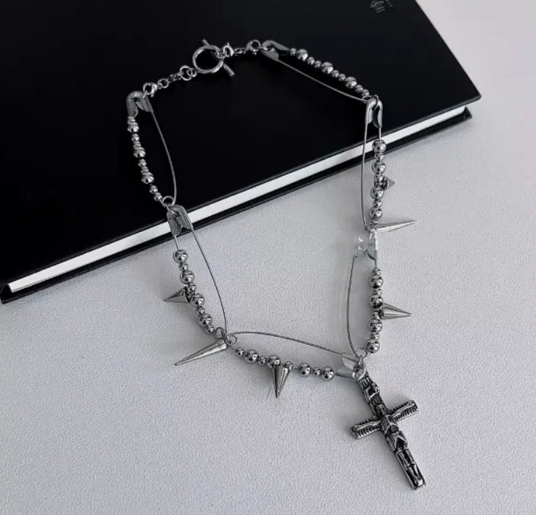 cyberbunk choker, silver Cross pendant necklace with spiked elements,Y2Kchoker,Jesus Pendant,Punk Style,unisex choker,perfect gift