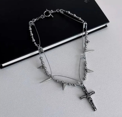 cyberbunk choker, silver Cross pendant necklace with spiked elements,Y2Kchoker,Jesus Pendant,Punk Style,unisex choker,perfect gift