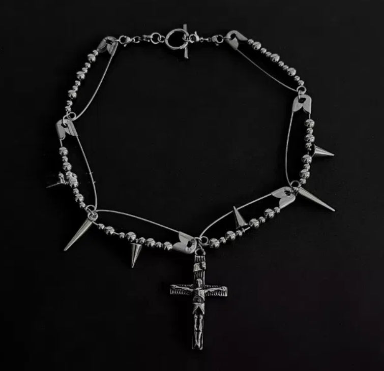 cyberbunk choker, silver Cross pendant necklace with spiked elements,Y2Kchoker,Jesus Pendant,Punk Style,unisex choker,perfect gift