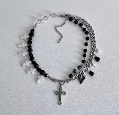 Cyberpunk, silver double-layer cross pendant necklace, decorated with cross and obsidian,Y2Kchoker,punk style,perfect gift，unisex choker