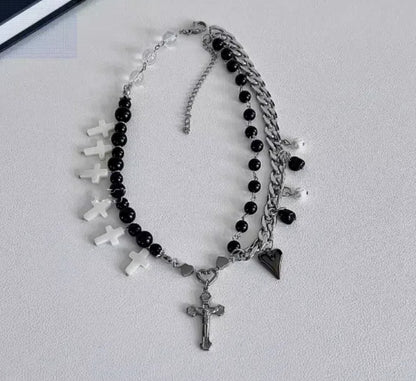 Cyberpunk, silver double-layer cross pendant necklace, decorated with cross and obsidian,Y2Kchoker,punk style,perfect gift，unisex choker