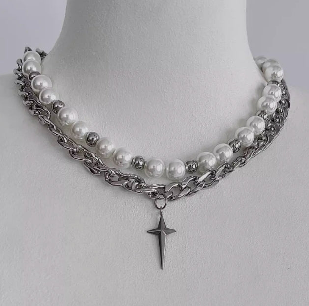 Vintagepunk pearl choker，silver double layer chain，star pendant，chunky chain choker，Y2Kchoker，A unique and perfect gift，unisex choker