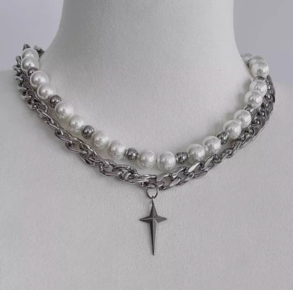 Vintagepunk pearl choker，silver double layer chain，star pendant，chunky chain choker，Y2Kchoker，A unique and perfect gift，unisex choker