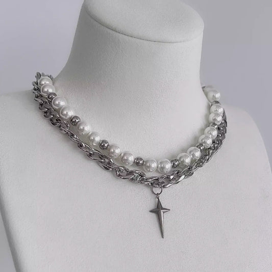 Vintagepunk pearl choker，silver double layer chain，star pendant，chunky chain choker，Y2Kchoker，A unique and perfect gift，unisex choker