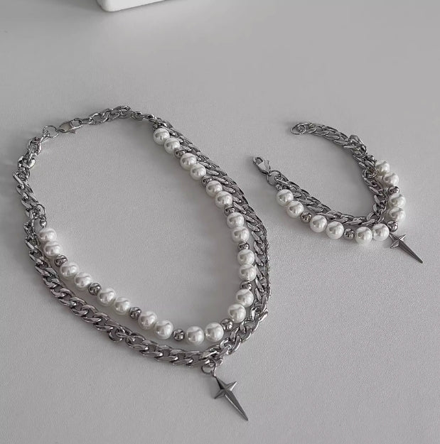 Vintagepunk pearl choker，silver double layer chain，star pendant，chunky chain choker，Y2Kchoker，A unique and perfect gift，unisex choker