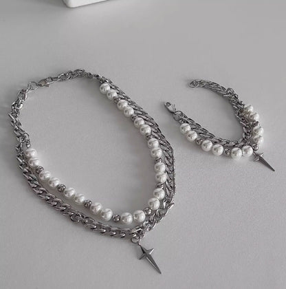 Vintagepunk pearl choker，silver double layer chain，star pendant，chunky chain choker，Y2Kchoker，A unique and perfect gift，unisex choker