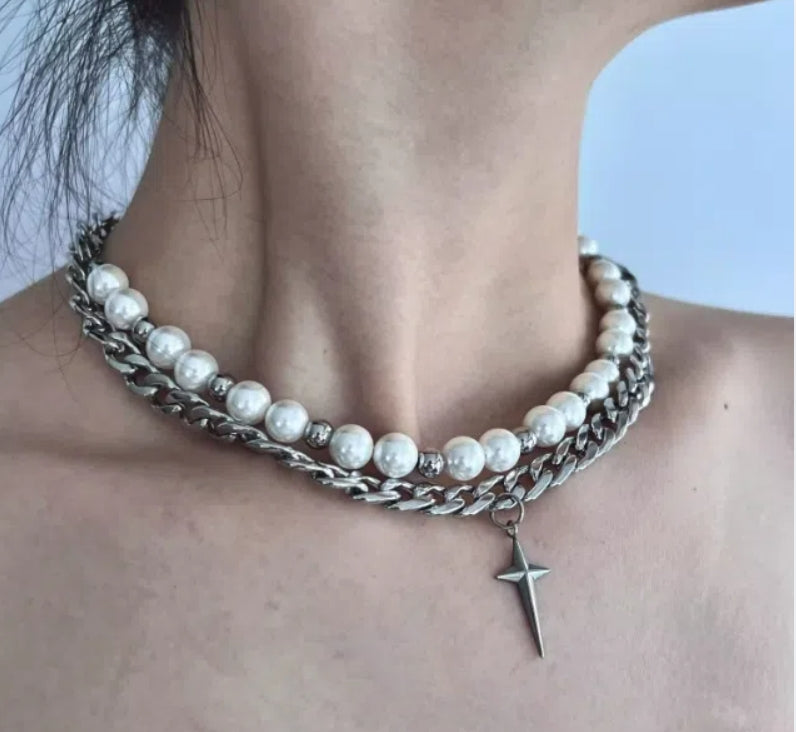 Vintagepunk pearl choker，silver double layer chain，star pendant，chunky chain choker，Y2Kchoker，A unique and perfect gift，unisex choker
